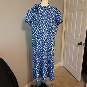 London Times Blue Circle Neck Bow Accent Short Sleeve Midi Dress Plus Size 18W